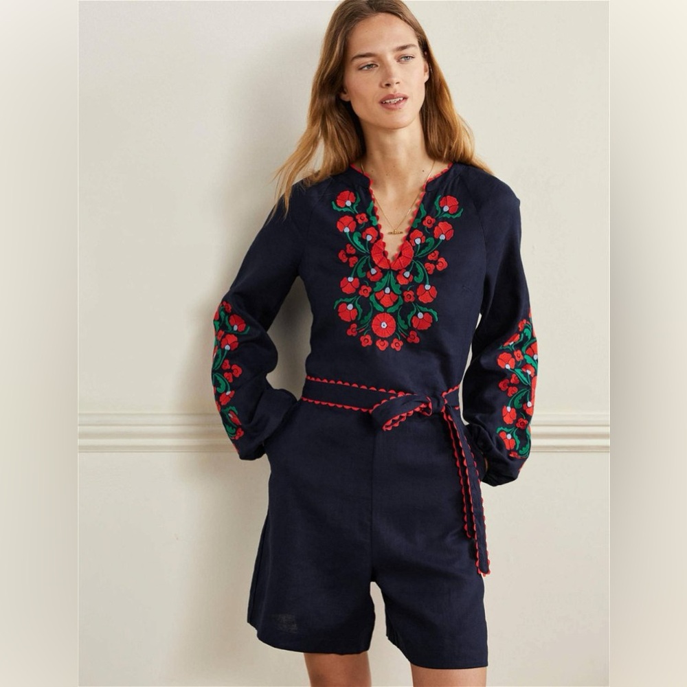 Boden Embroidered Linen Playsuit Romper Navy Passion Bloom